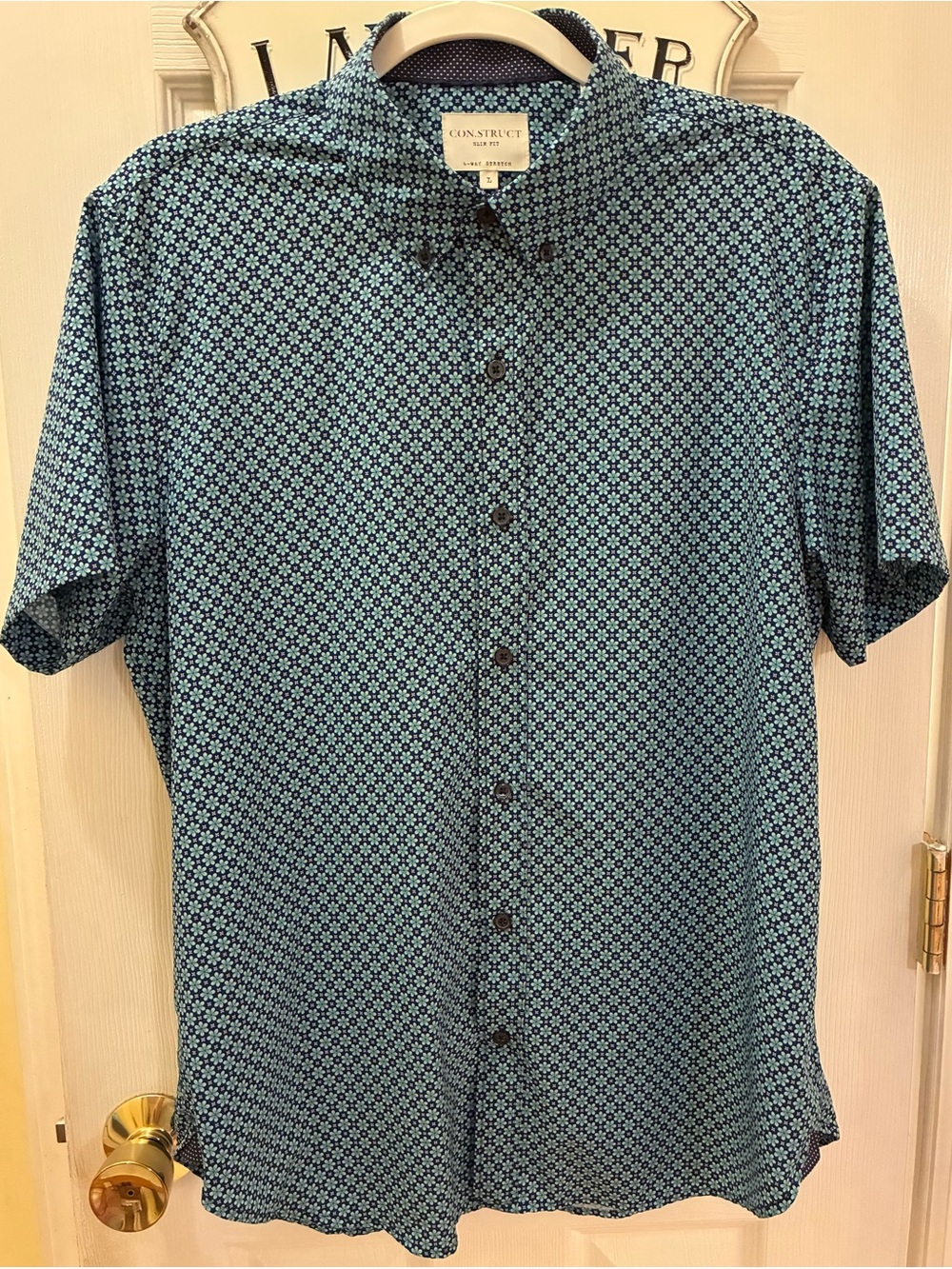 Construct Teal Short-Sleeve Printed Button-Down Shirt